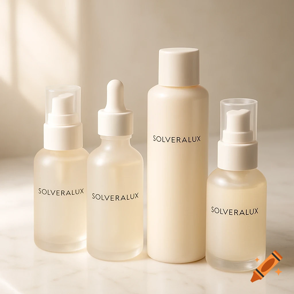 Elegant skincare bottles with 'SOLVERALUX' on a marble counter under soft natural light.