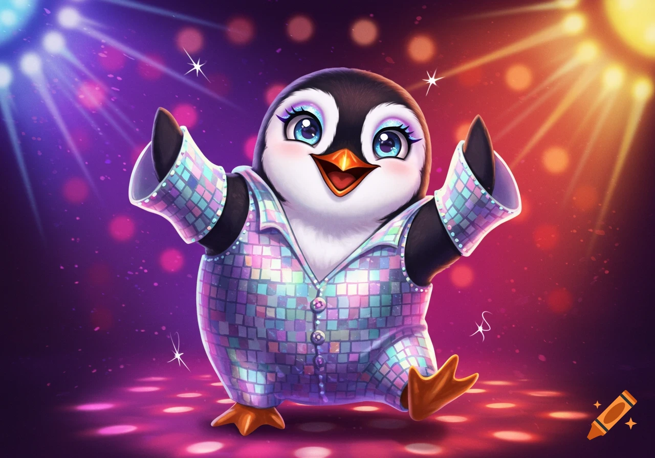 Cartoon penguin in a sparkly disco suit dancing under spotlights