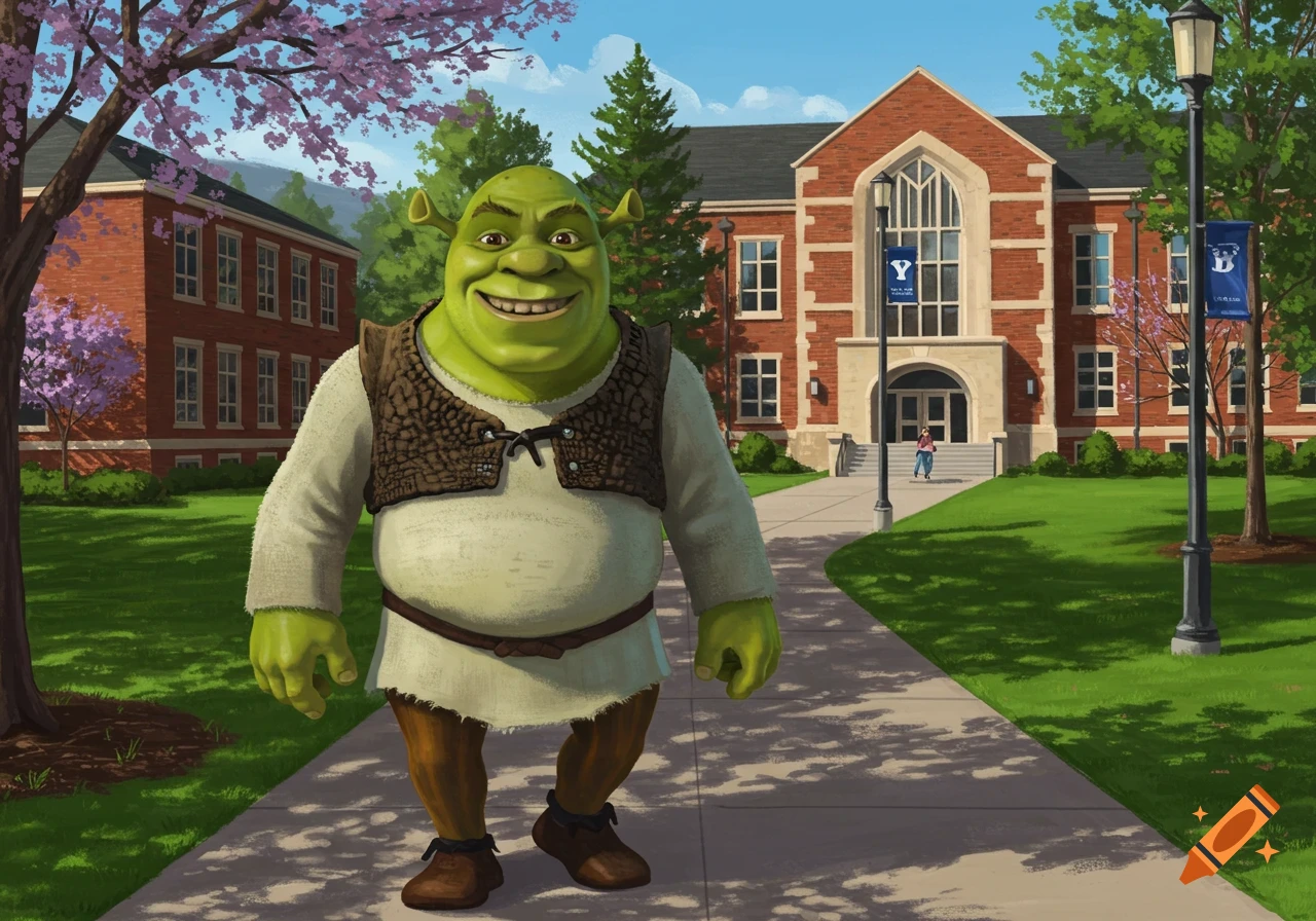 Shrek walks on a path towards a brick university building.