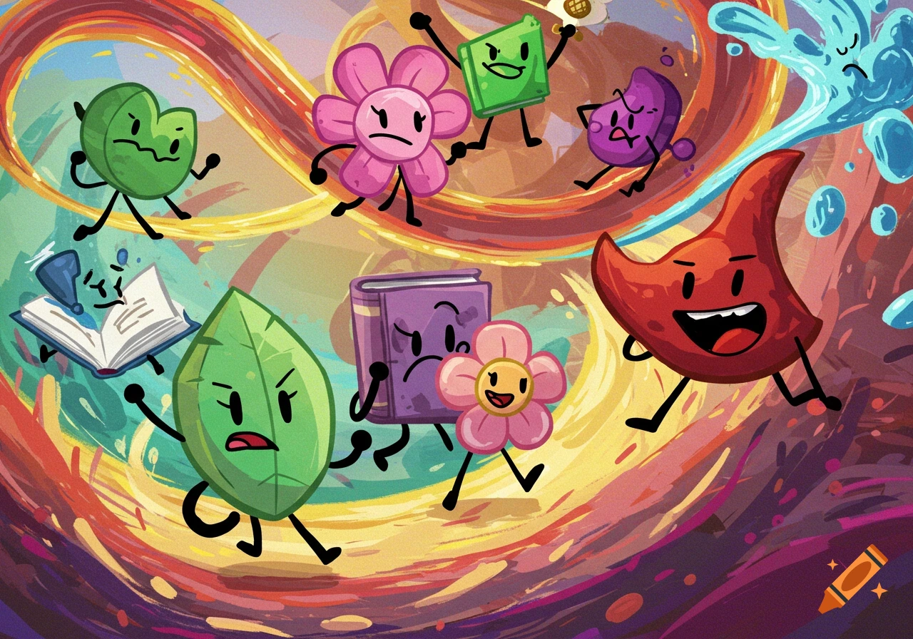 Cartoon object characters including leaves, flowers, book, fire, and more, running on a swirling colorful background.