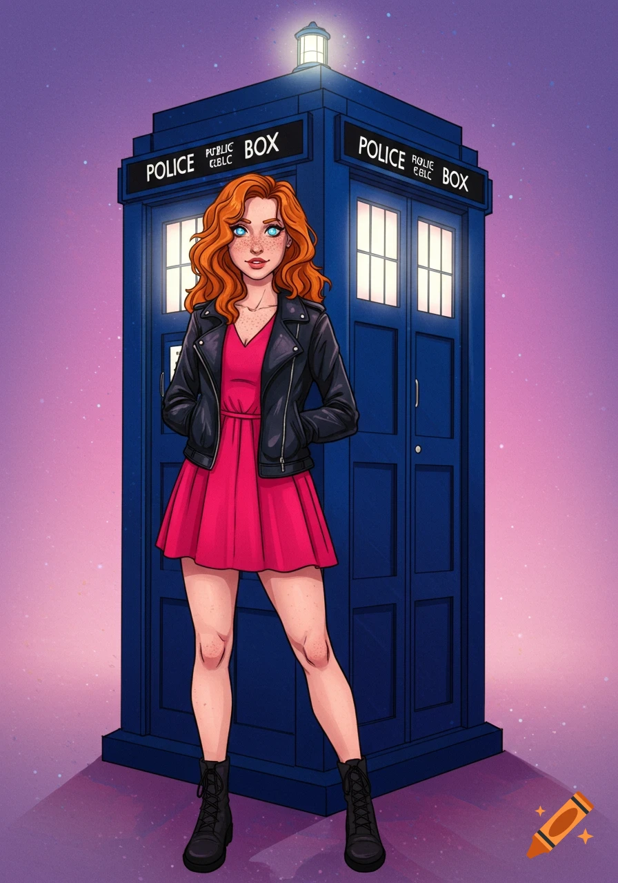 A red-haired woman in a red dress and black jacket stands beside a blue police box in a stylized illustration.