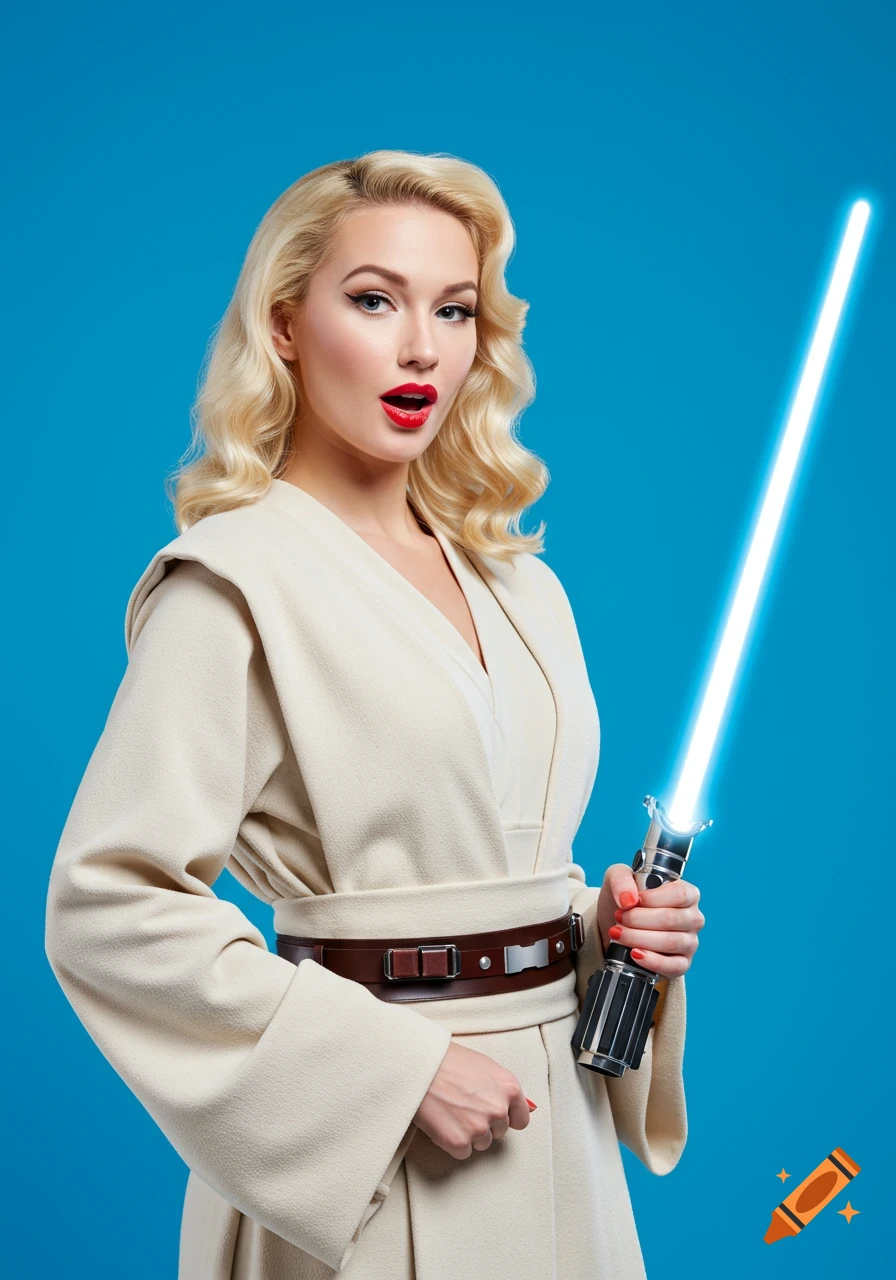 A pin-up style woman in Jedi robes holds a lightsaber.