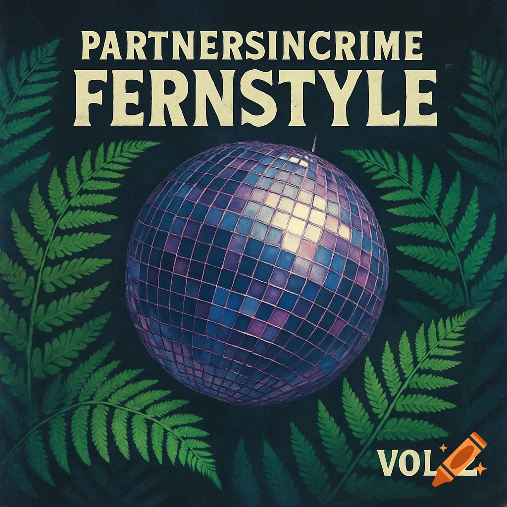 Cover art featuring a disco ball surrounded by green fern leaves and text.