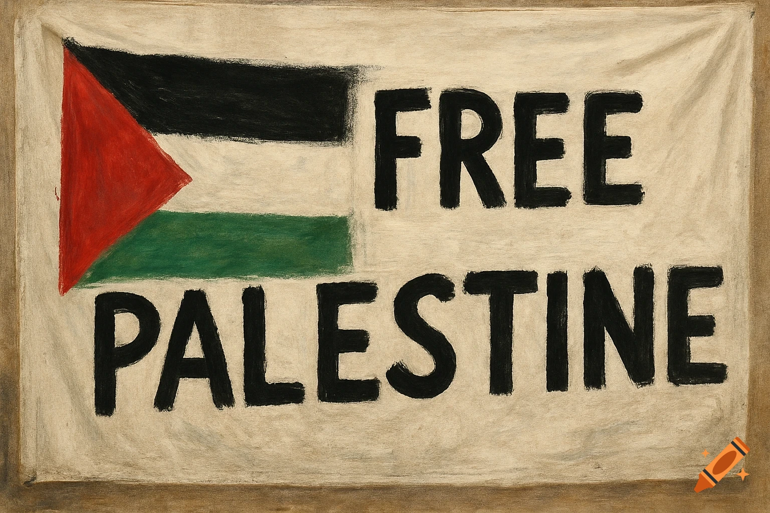 A banner showing the Palestinian flag and the words 'FREE PALESTINE'.