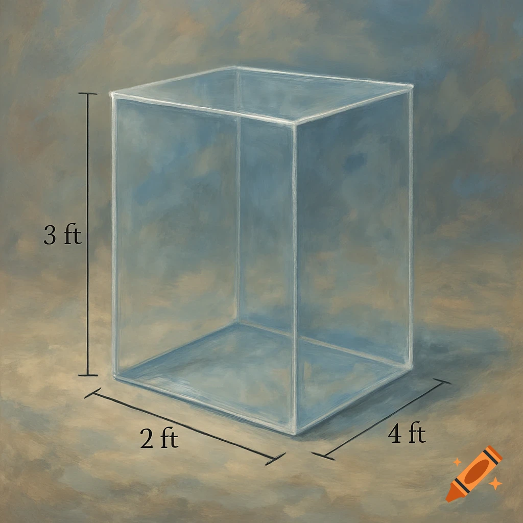 Painted illustration of a transparent rectangular box labeled with dimensions: 3 ft tall, 2 ft wide, 4 ft long.