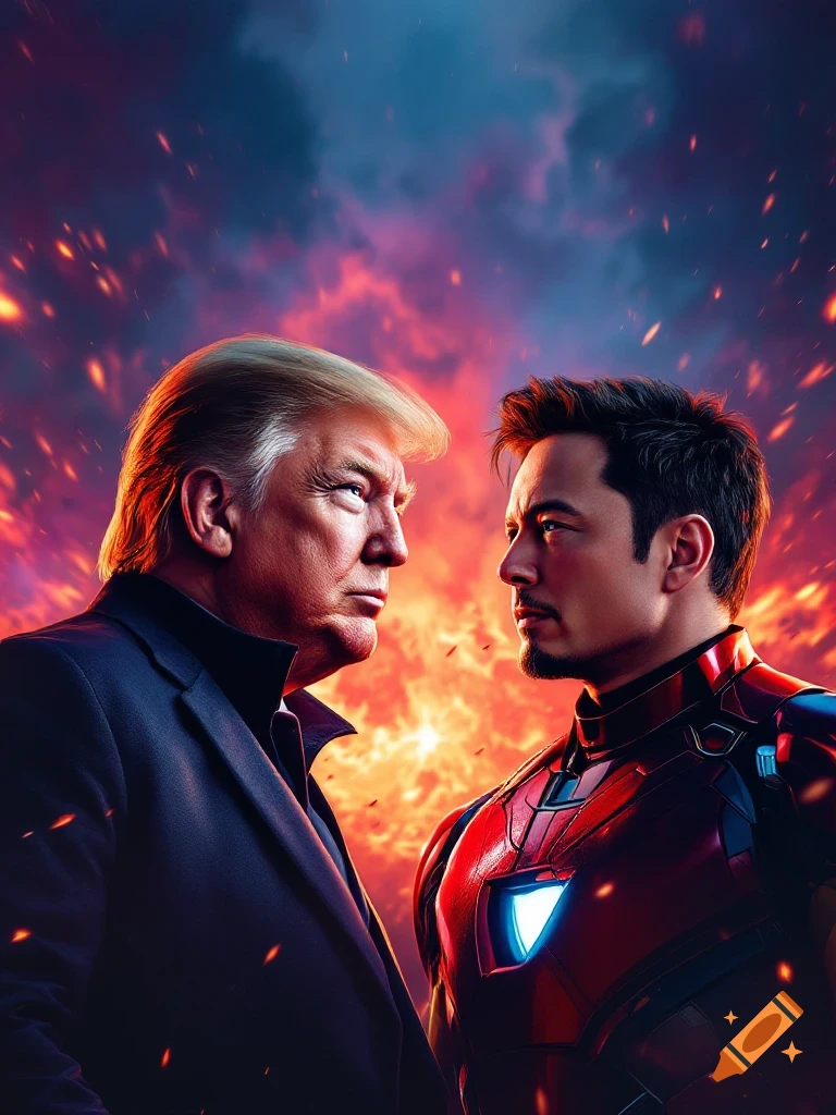 Movie poster style image of Donald Trump and Elon Musk facing each other against a fiery sky, Musk wears an Iron Man suit.
