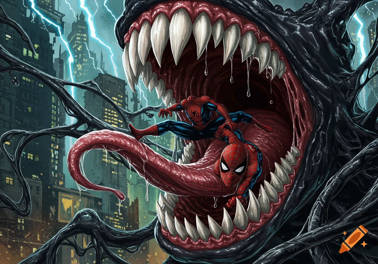 Spider-Man inside a giant Venom mouth in a city, comic art style
