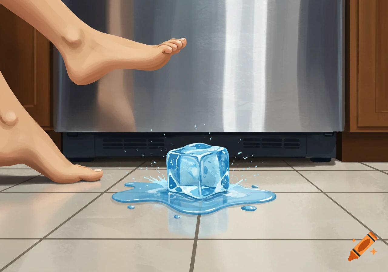 Bare feet near a melting ice cube on a tiled kitchen floor, illustration style.