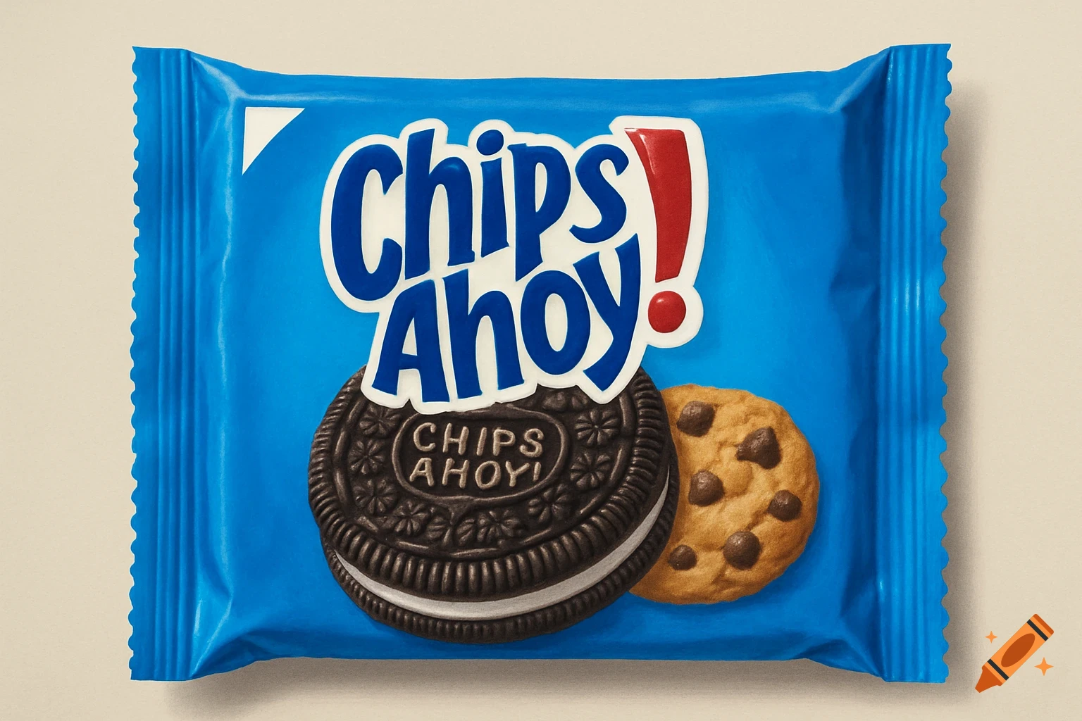 Blue package with Chips Ahoy! logo, a large sandwich cookie, and a chocolate chip cookie.