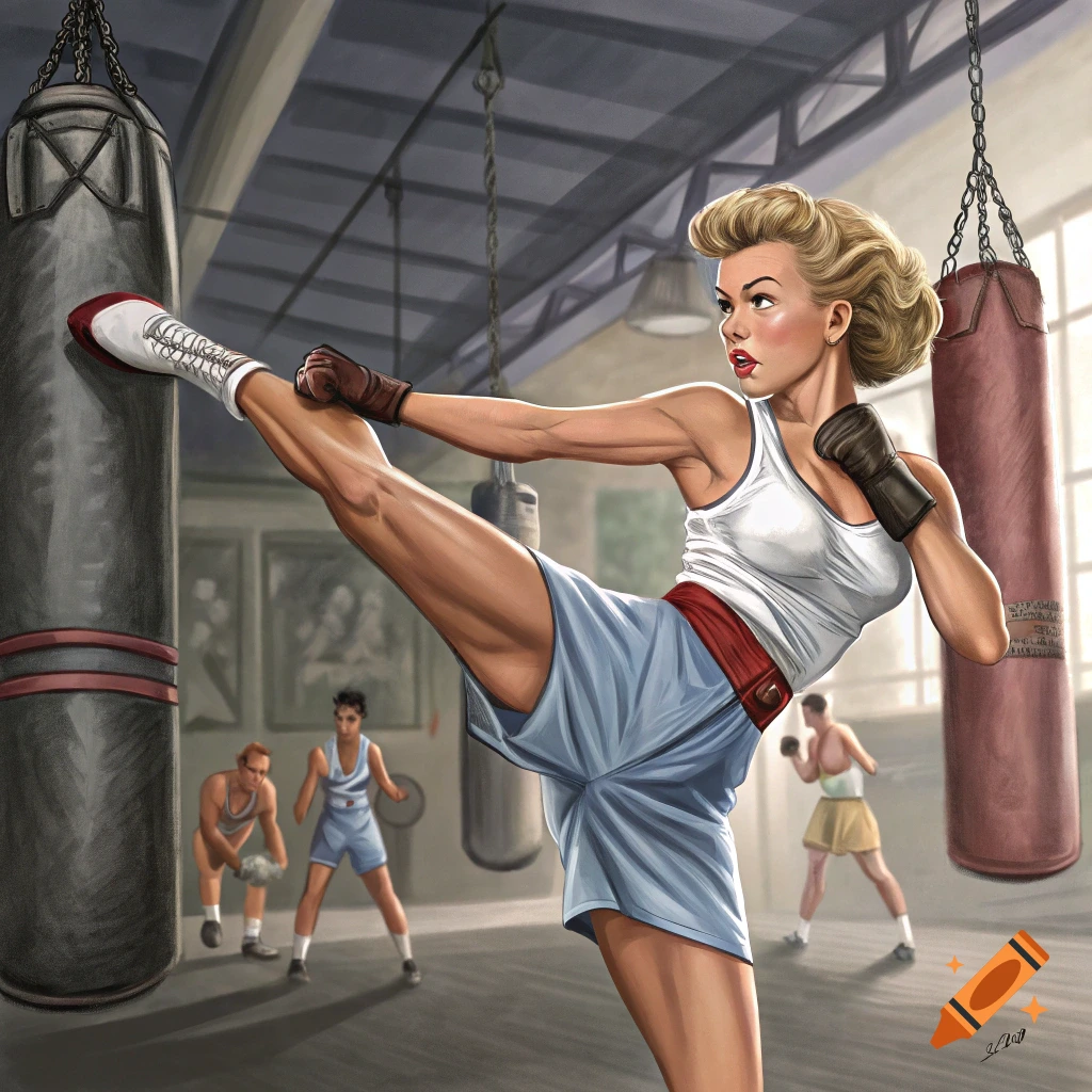 Woman in a gym kicks a punching bag, vintage illustration style.