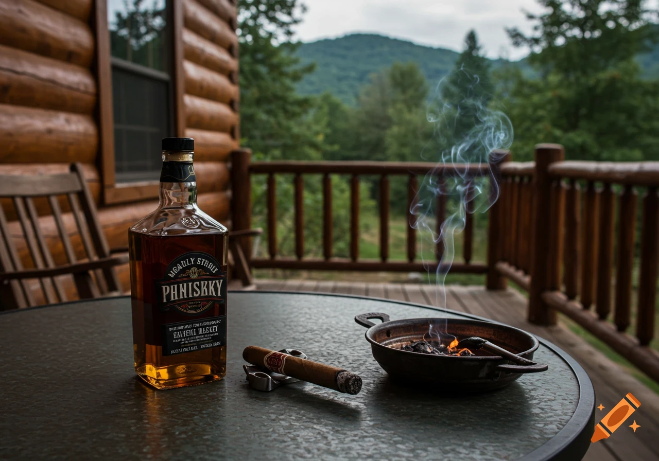 Whiskey bottle and cigar on a table on a cabin porch overlooking mountains.