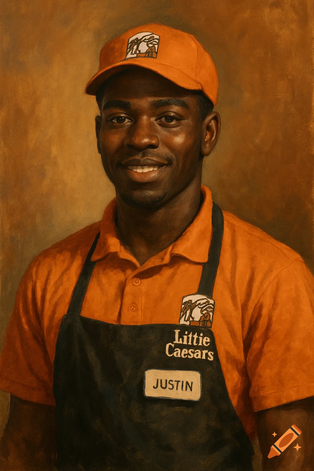 Portrait painting of a man named Justin in an orange Little Caesars uniform and cap