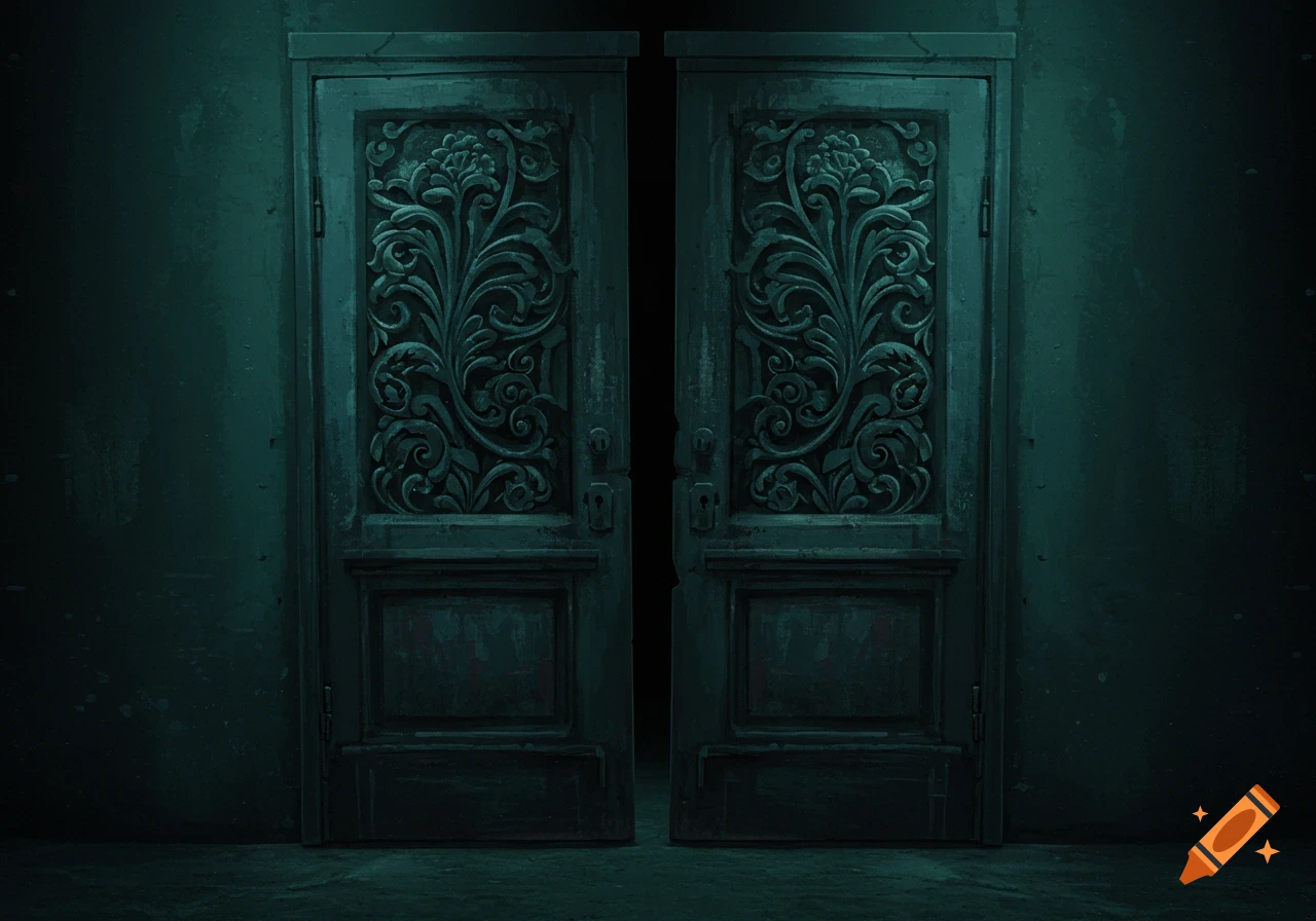 Dark, ornate closed double doors in a dimly lit room.