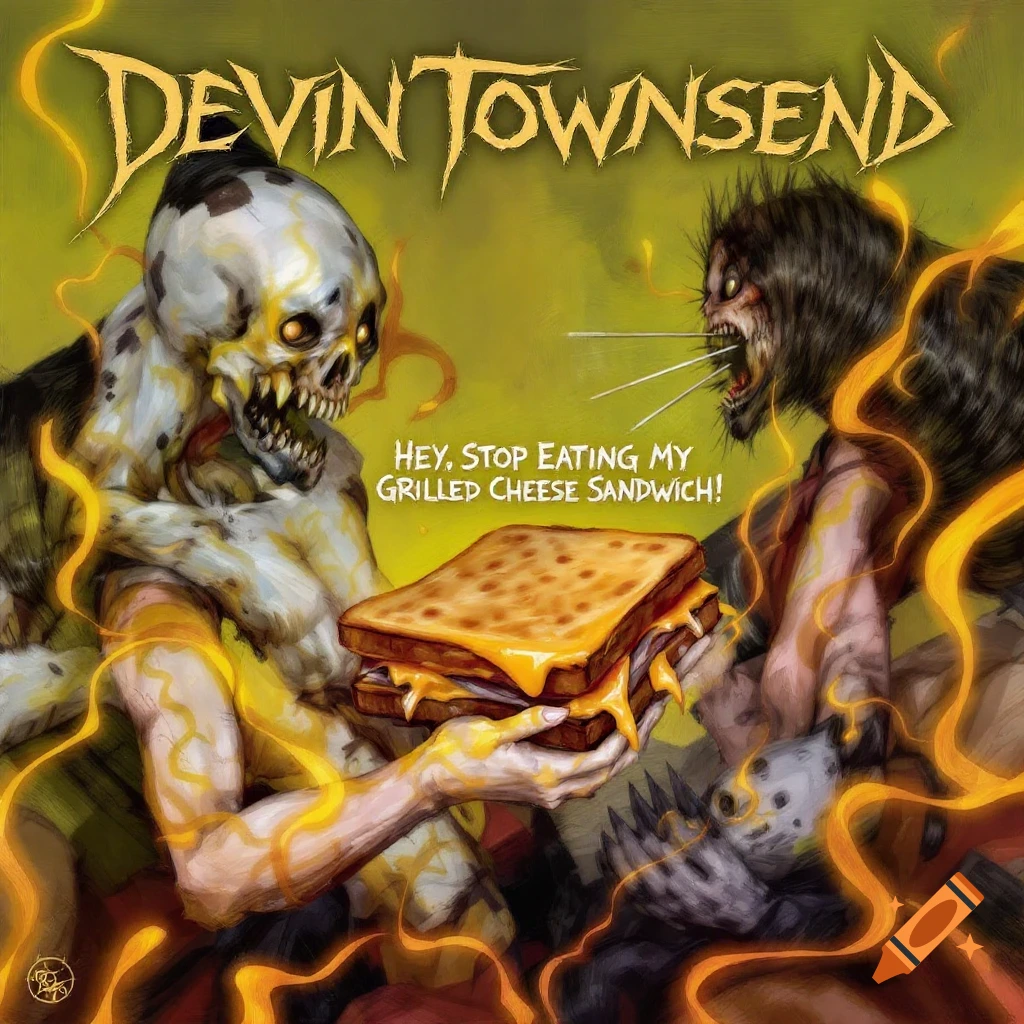 Stylized illustration of two monsters fighting over a grilled cheese sandwich, with text above and below.