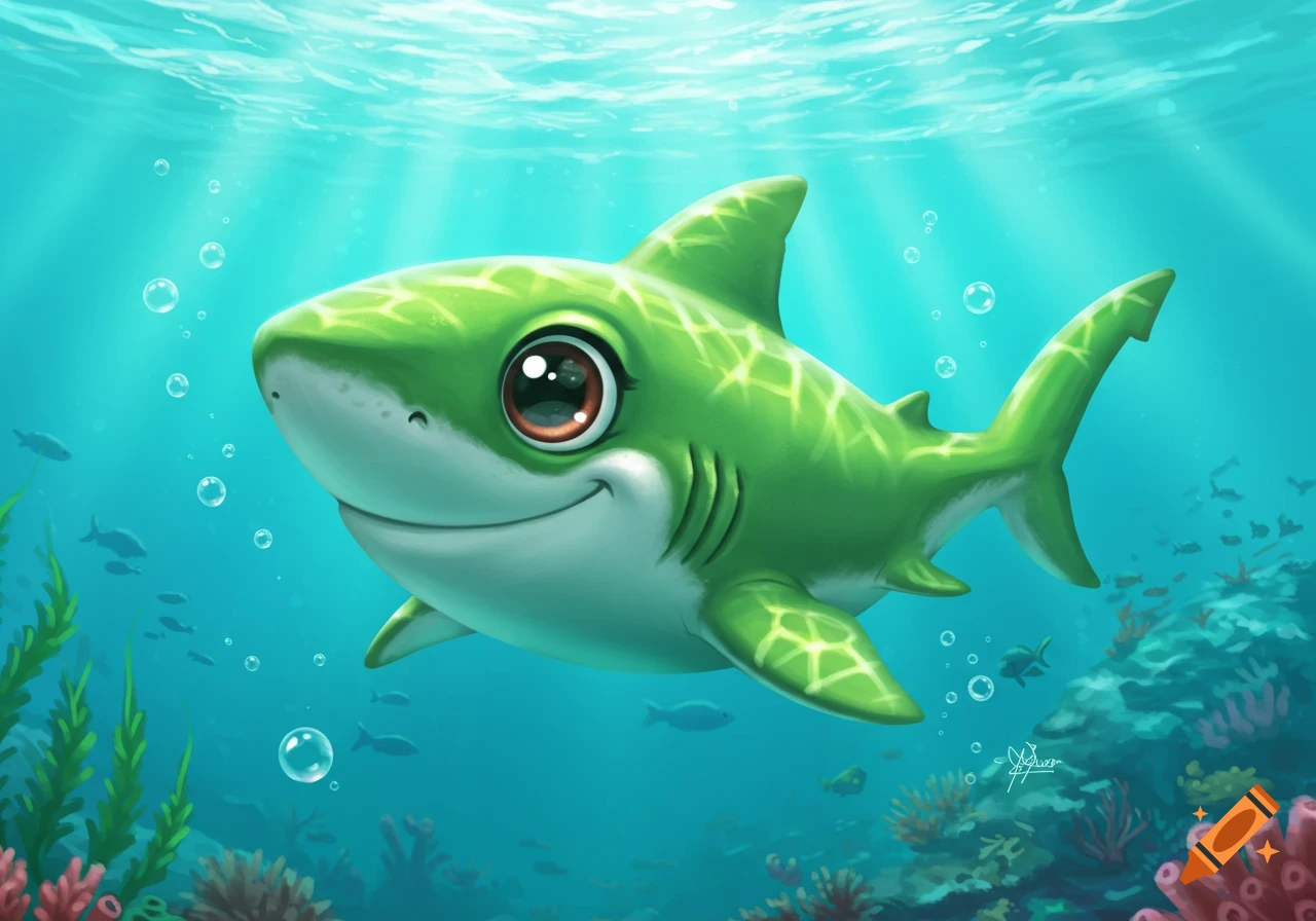 A cute green cartoon shark with big eyes swims underwater, surrounded by bubbles, coral, and small fish.