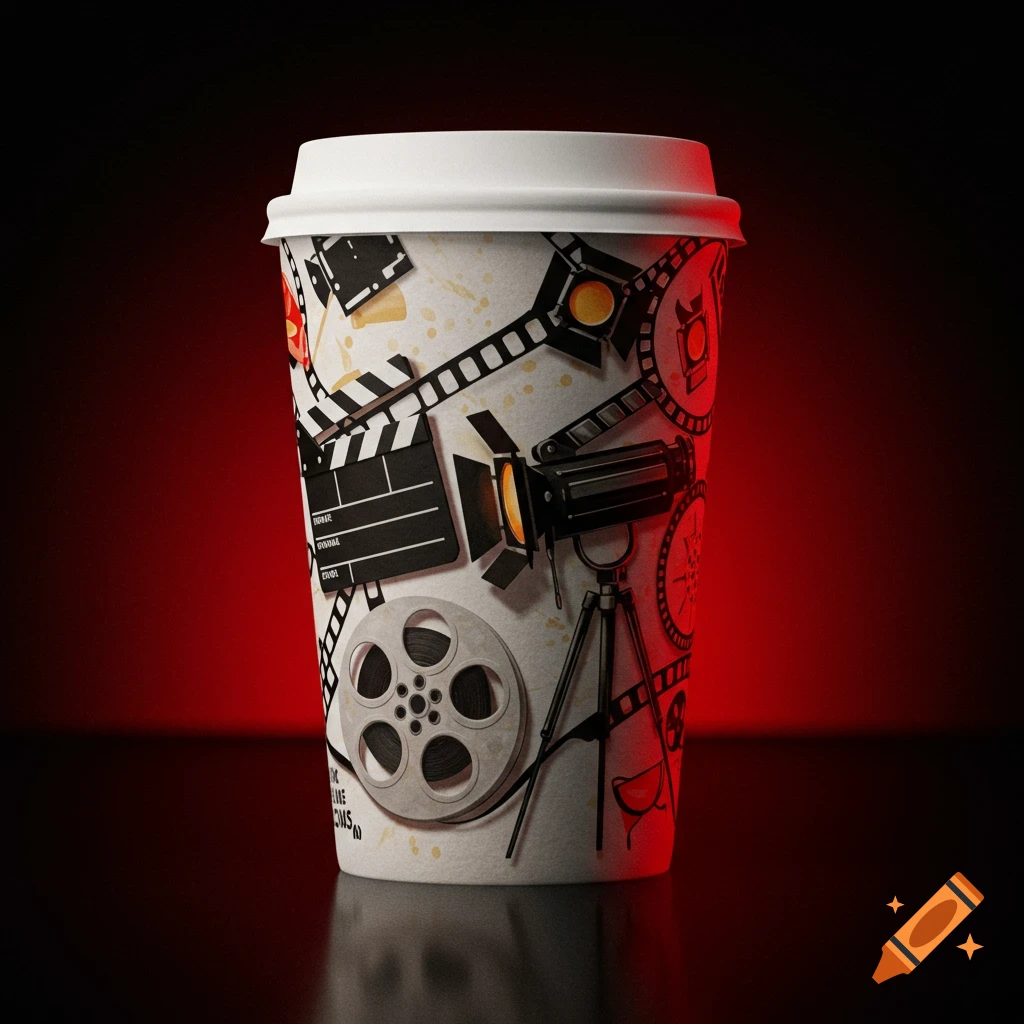 A coffee cup decorated with movie production items like a clapperboard, film reel, and spotlight.
