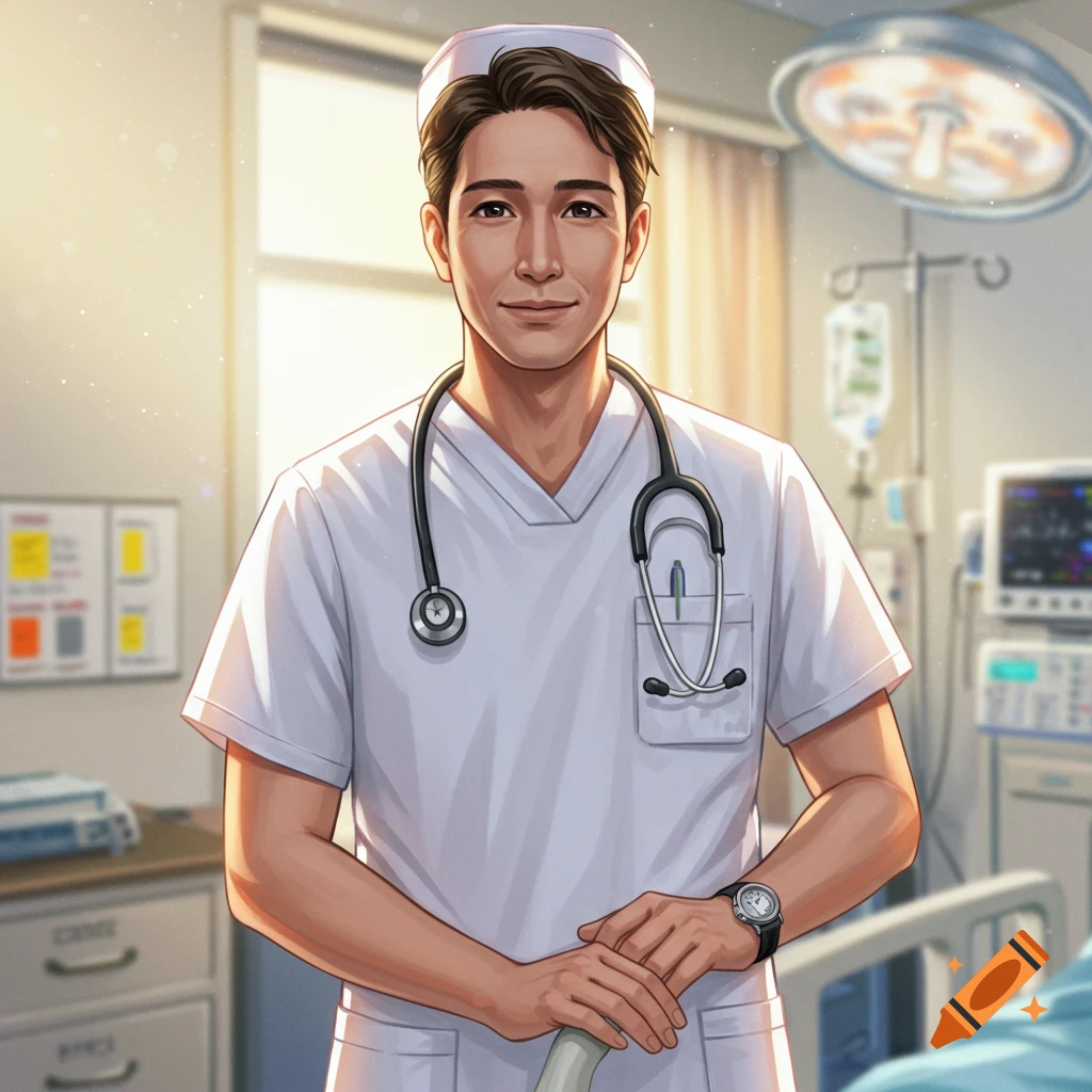 An illustrated male nurse wearing a stethoscope stands in a hospital room.