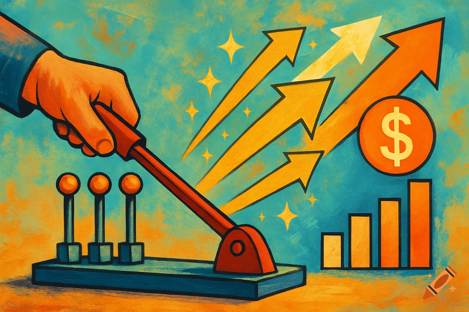 Hand pulls lever causing arrows, bar chart, and dollar sign to rise, symbolizing growth.