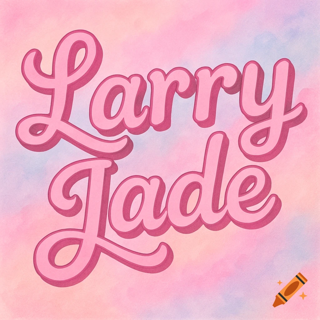 The name 'Larry Jade' written in pink bubble letters on a pastel watercolor background.