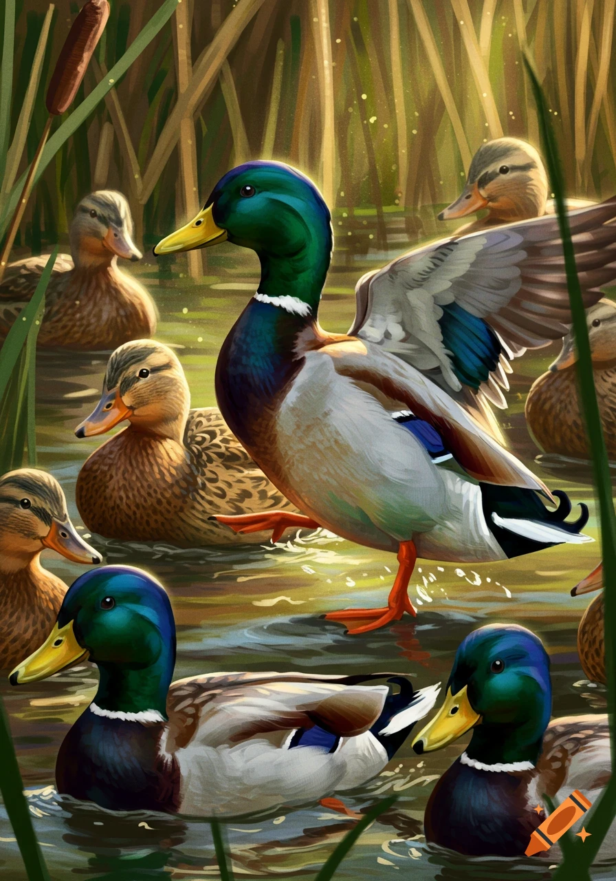 A group of mallard ducks swim in a pond among reeds, painted style.