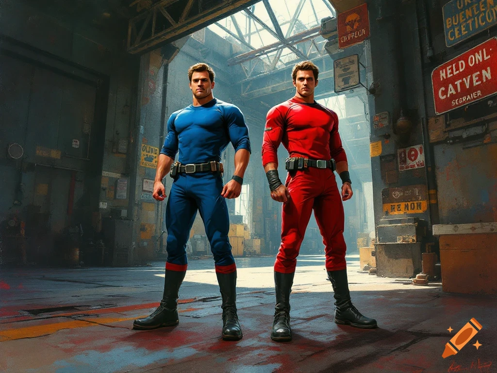 Two men in blue and red superhero costumes stand in a gritty industrial setting.