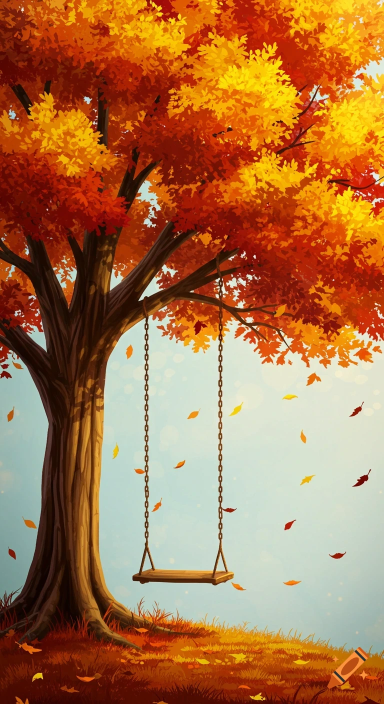 Stylized illustration of a large autumn tree with red and orange leaves and a swing hanging from a branch.