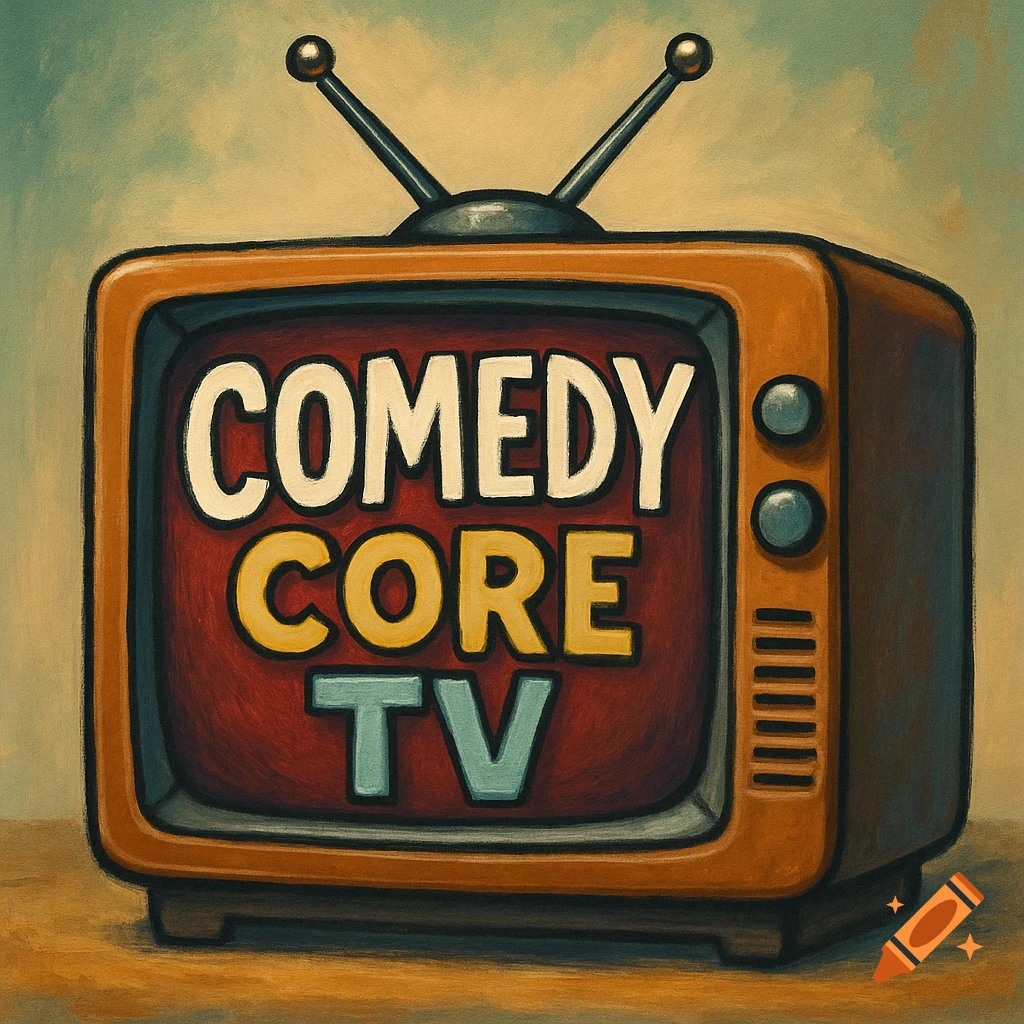 Painting of a vintage TV screen displaying the text 'COMEDY CORE TV'.
