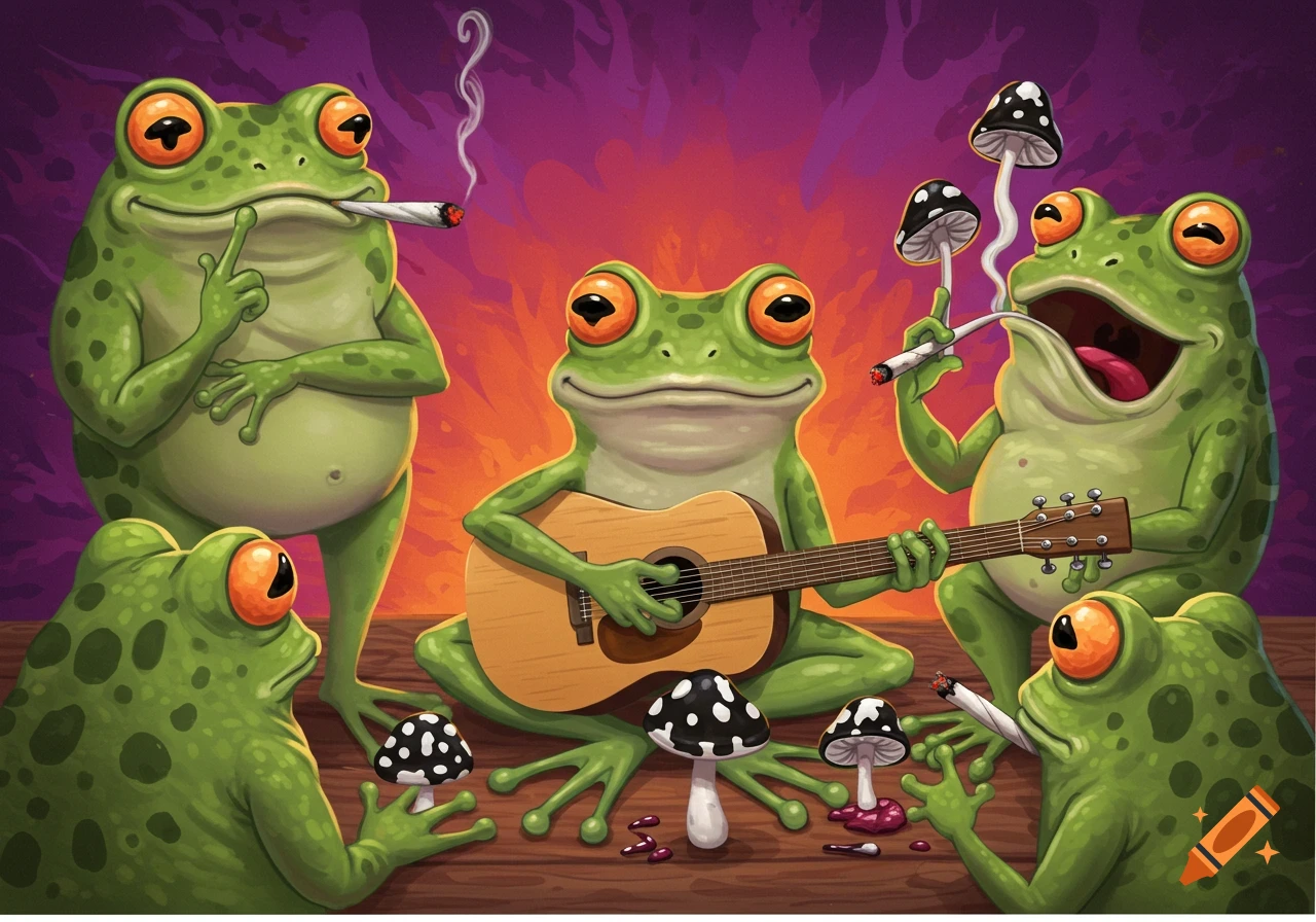 Cartoon illustration of several frogs playing a guitar and smoking cigarettes around mushrooms.