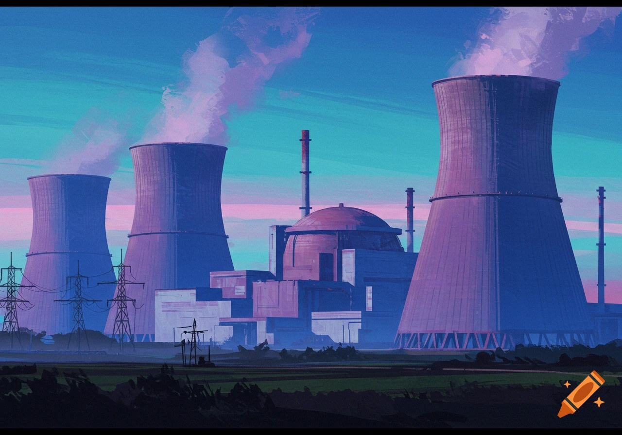 Stylized illustration of a nuclear power plant with large cooling towers and power lines under a colorful sky.