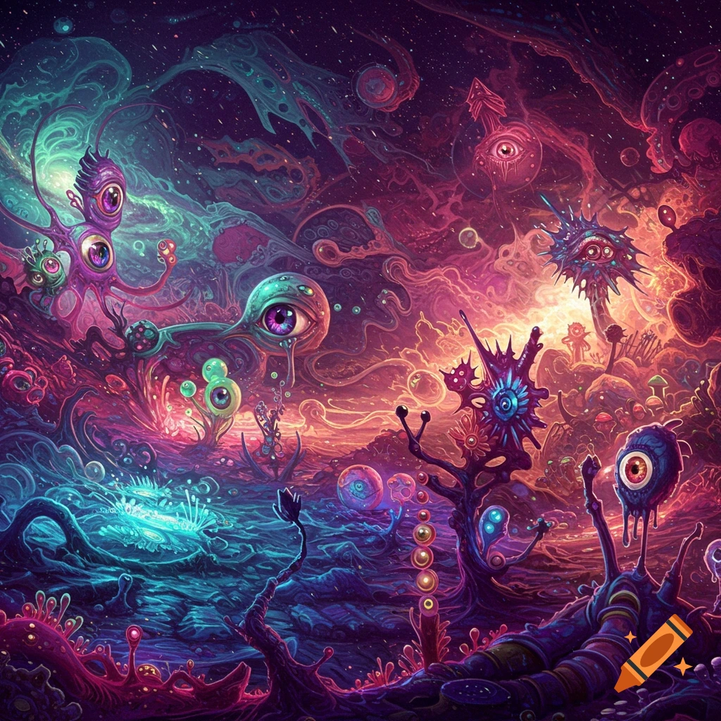 Trippy, colorful abstract art of alien creatures with many eyes in a surreal landscape.
