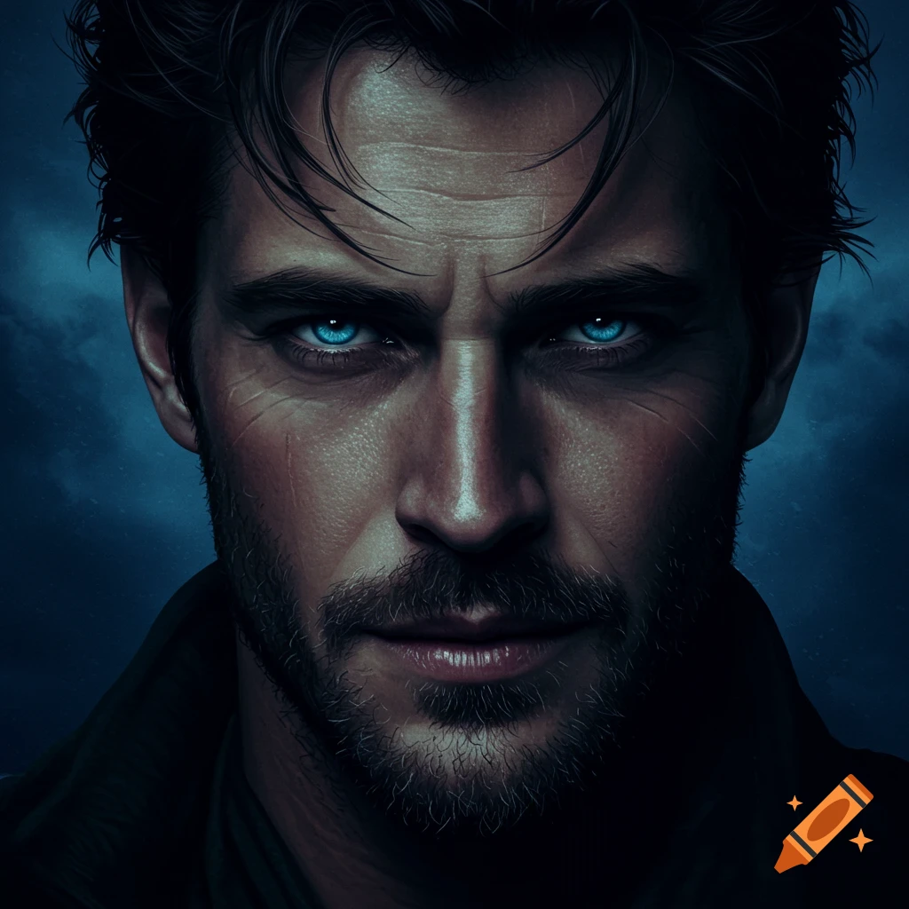 Close-up portrait of a man with bright blue eyes and dramatic lighting.