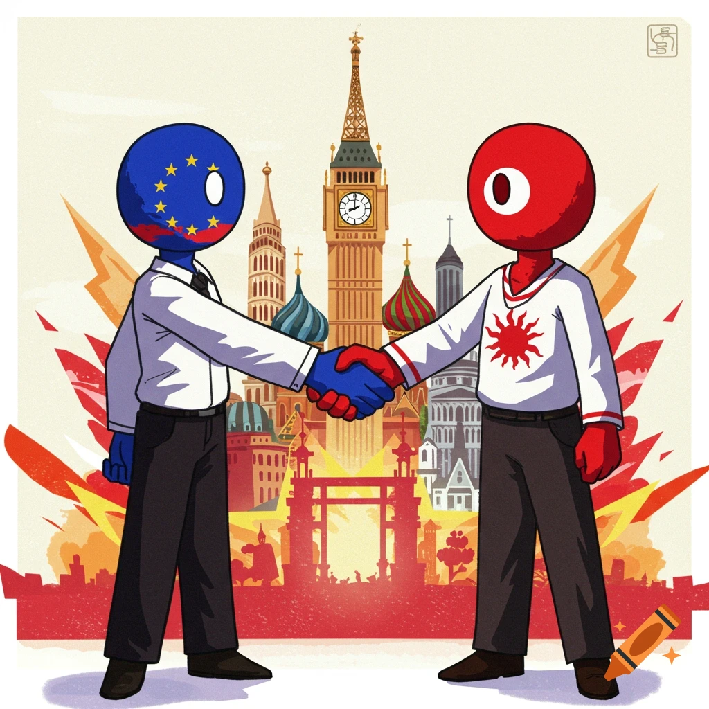 Cartoon figures representing countries shaking hands in front of European and Russian landmarks.