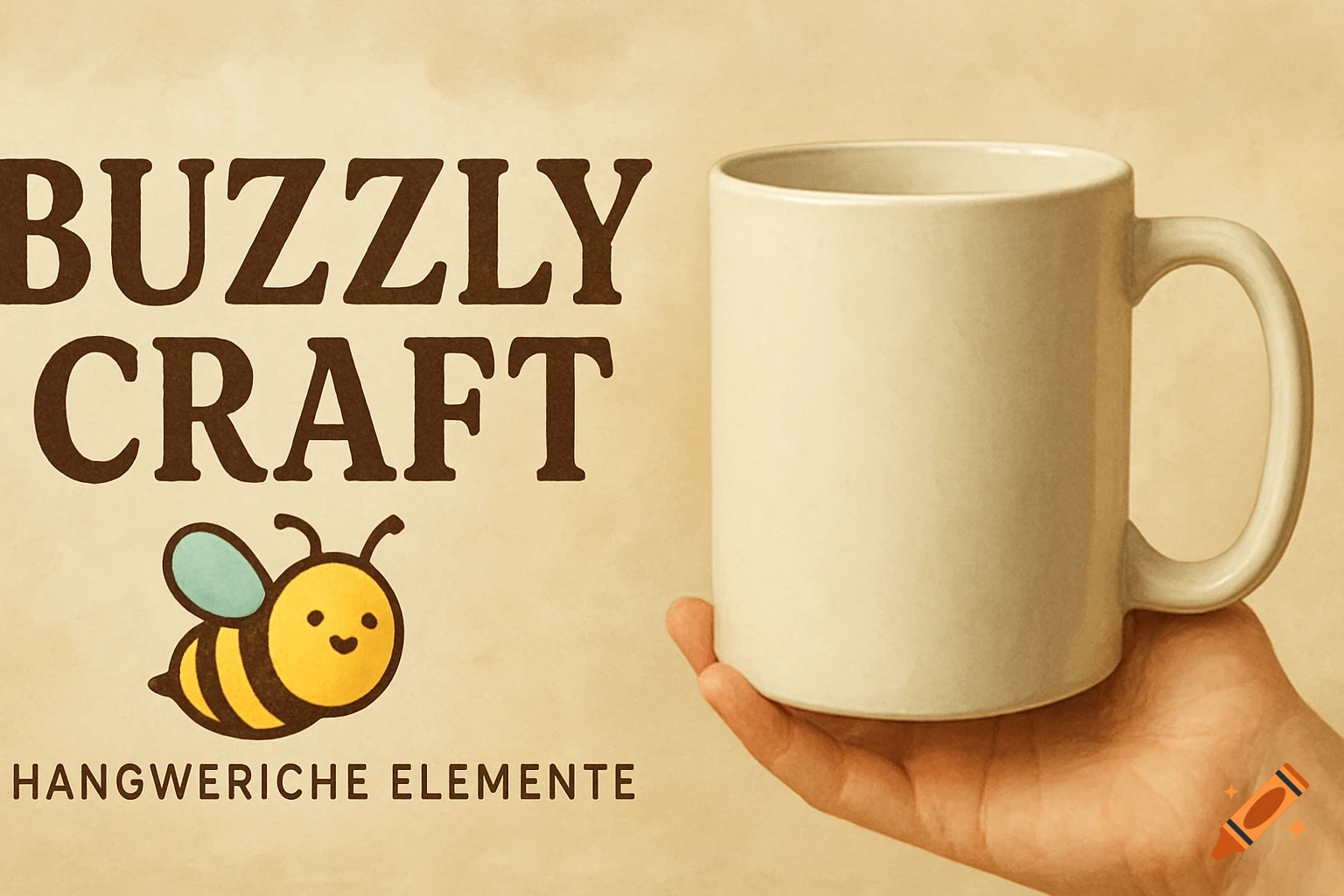 Banner with text 'BUZZLY CRAFT' and a cartoon bee next to a mug held by a hand.