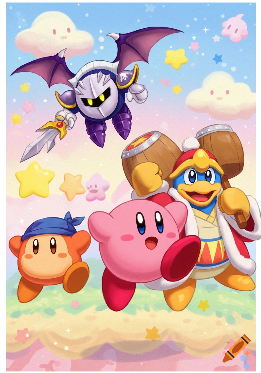 Kirby, Meta Knight, King Dedede, and Bandana Waddle Dee float in a colorful anime style sky with stars and clouds.