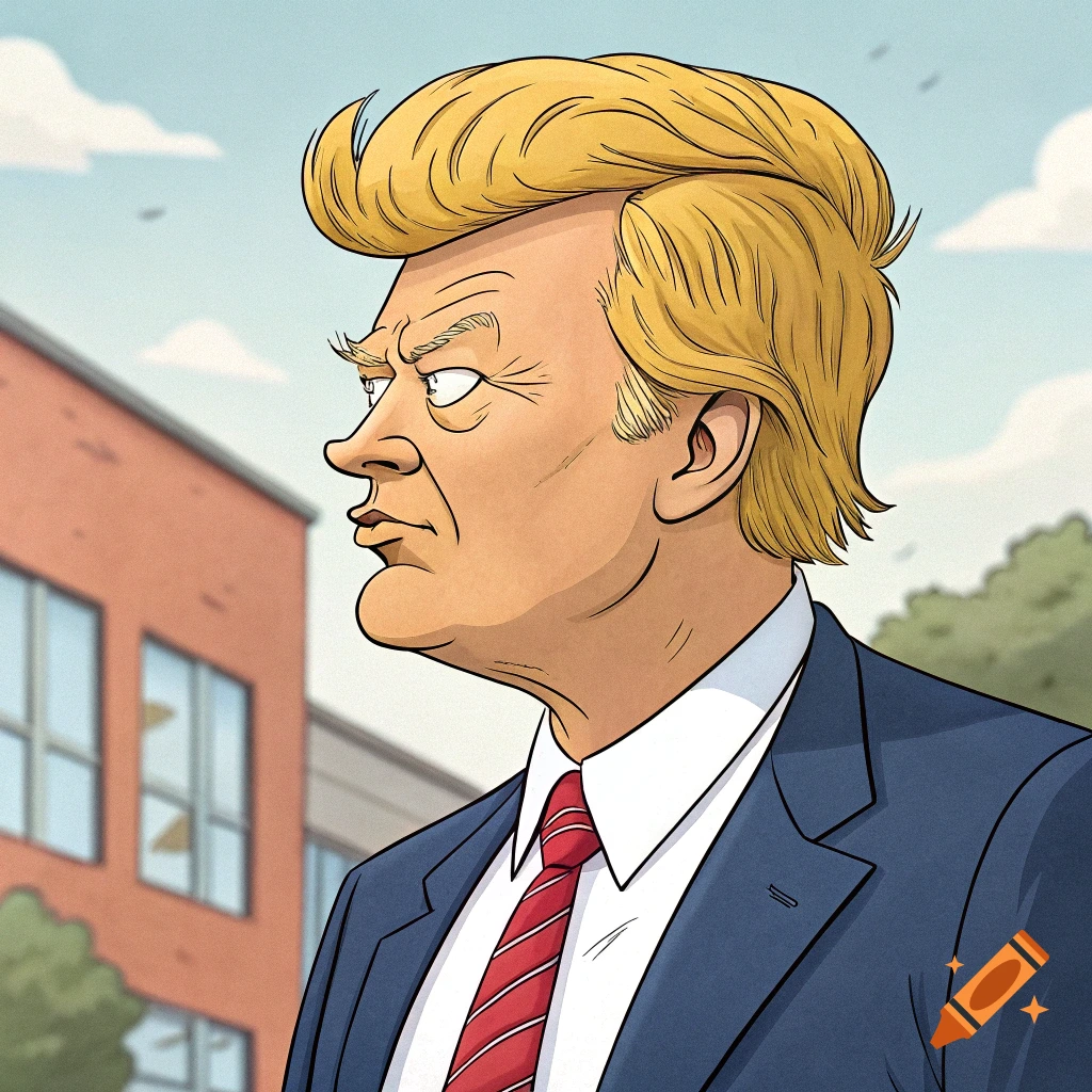 Cartoon caricature of Donald Trump looking left in a suit