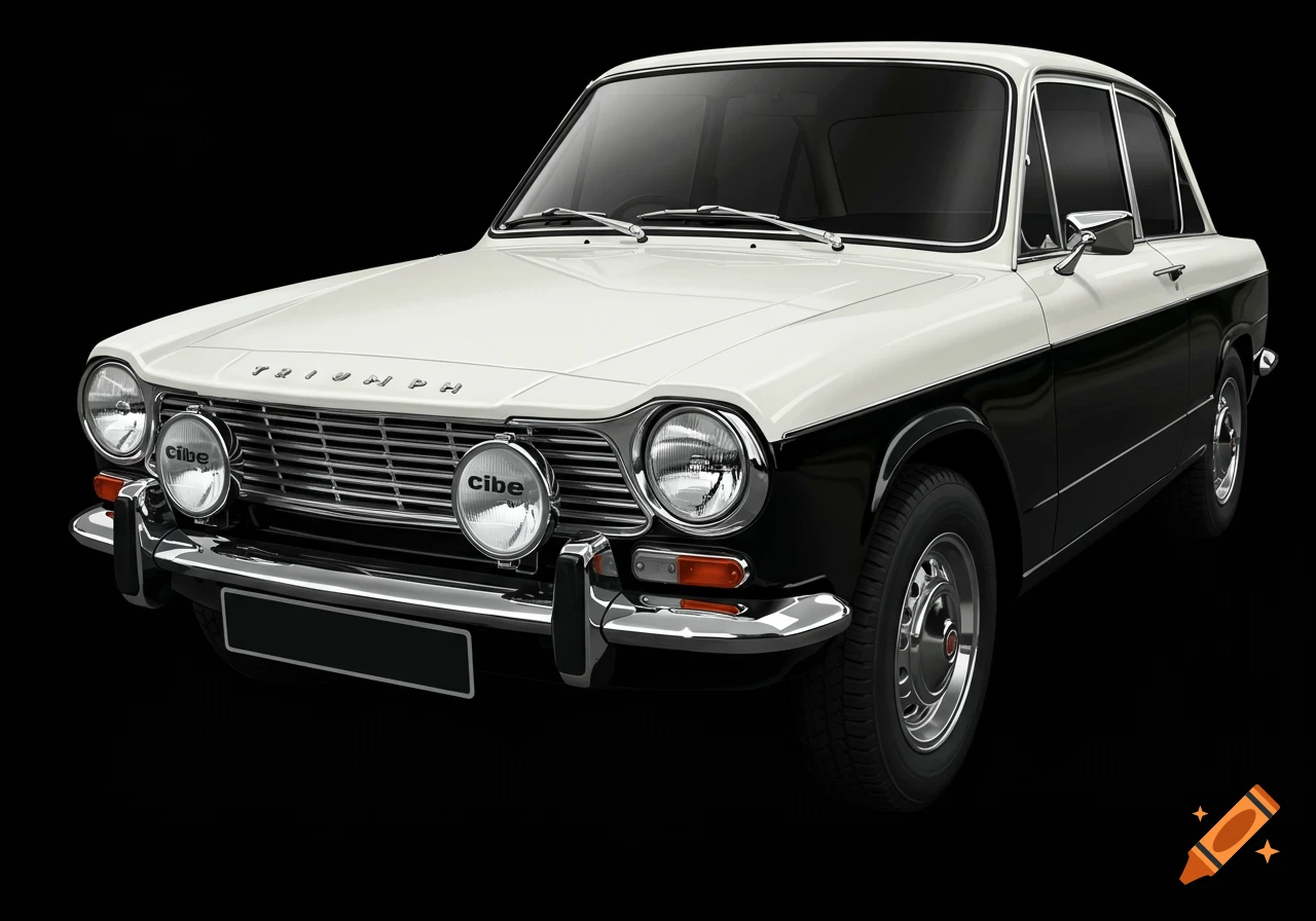 A black and white classic Triumph car with spotlights.