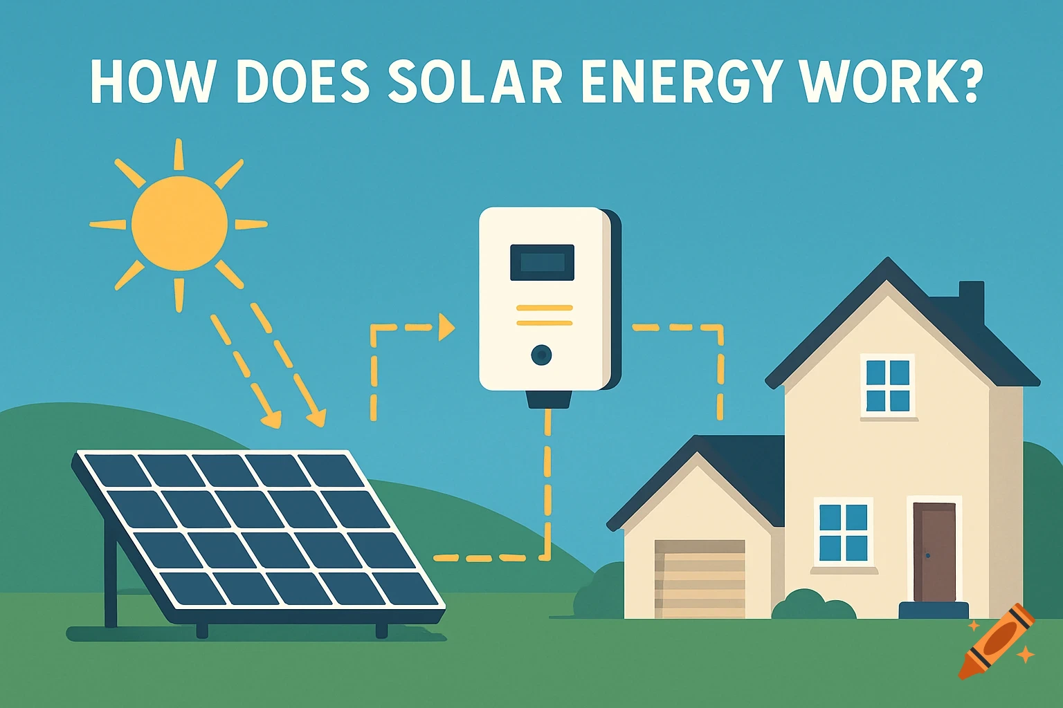 Illustration showing how solar energy works, with panels, inverter, and house, titled 'HOW DOES SOLAR ENERGY WORK?'