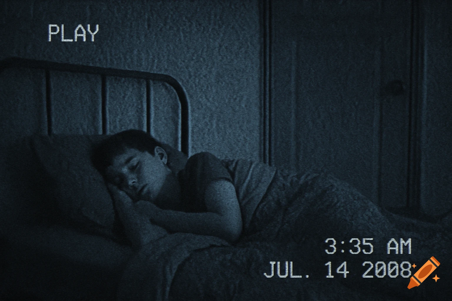 Boy sleeping in bed captured by a grainy CCTV/VHS camera with time stamp.