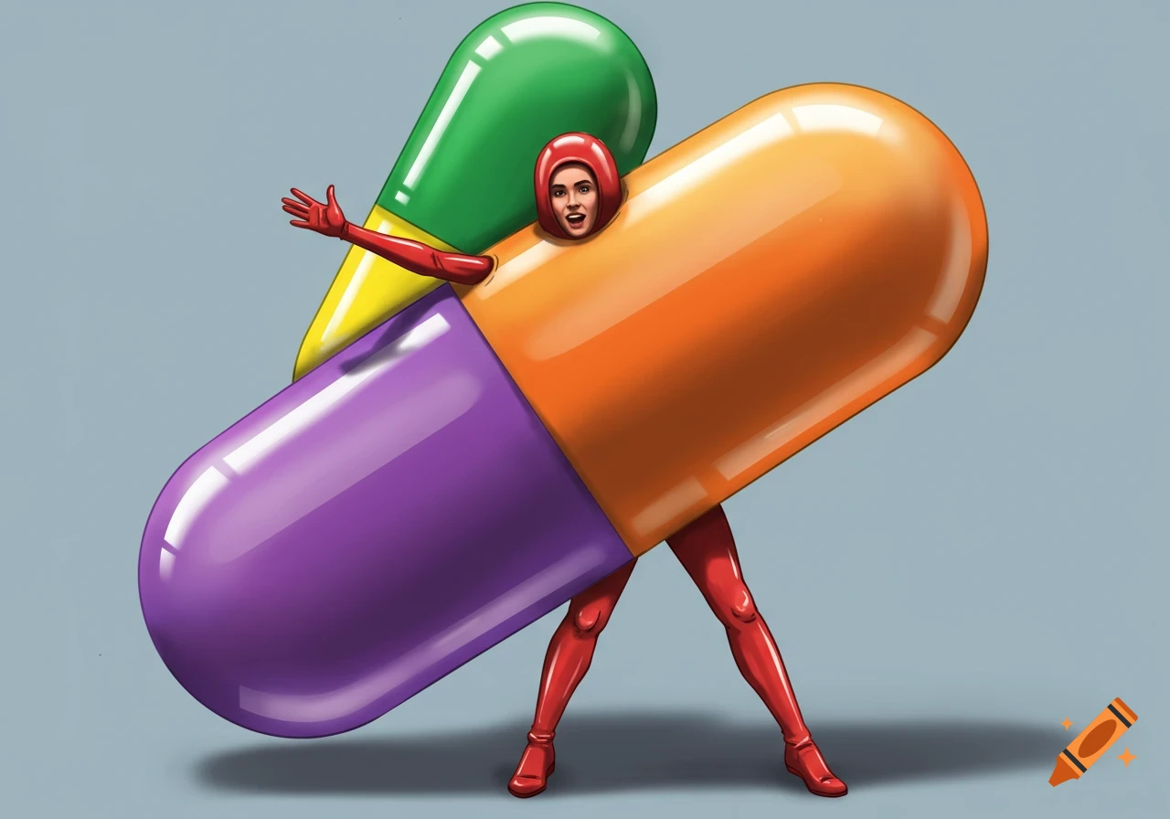 A person in a large orange and purple pill costume carries a green and yellow pill.