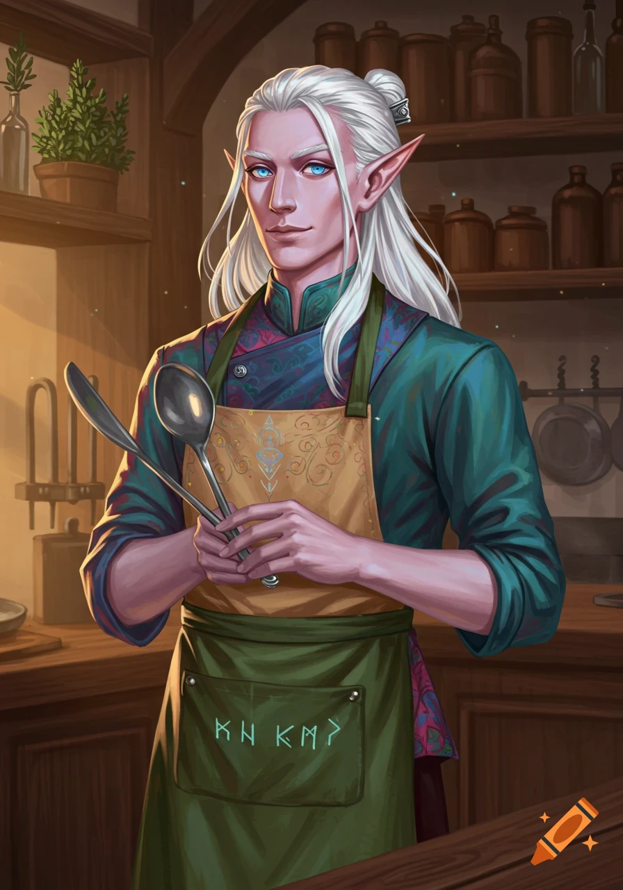 A tall, elegant high elf chef with white hair and blue eyes, wearing an apron, holding a spoon and fork in a cozy kitchen.
