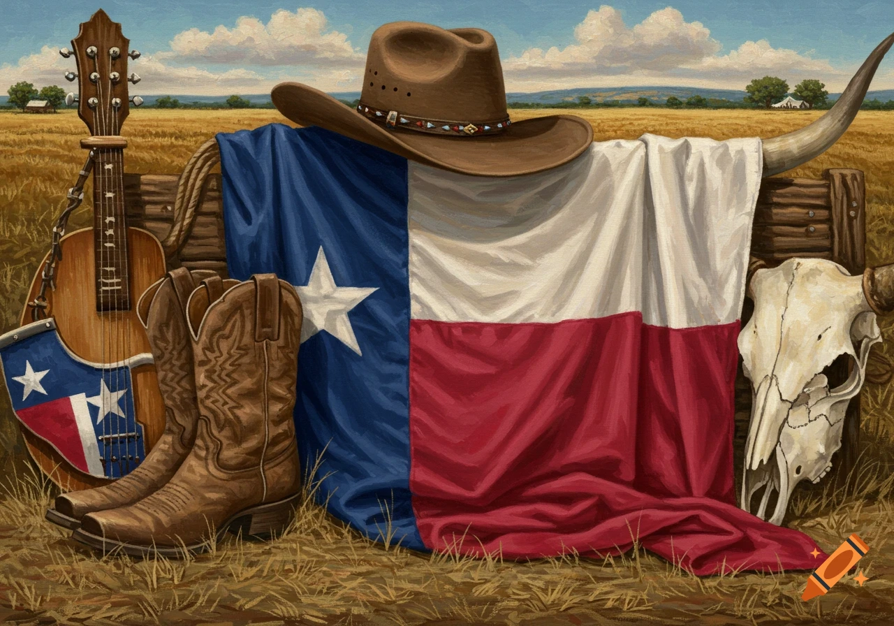 A painting of a Texas flag draped over a fence with cowboy boots, hat, guitar, and longhorn skull in a field.
