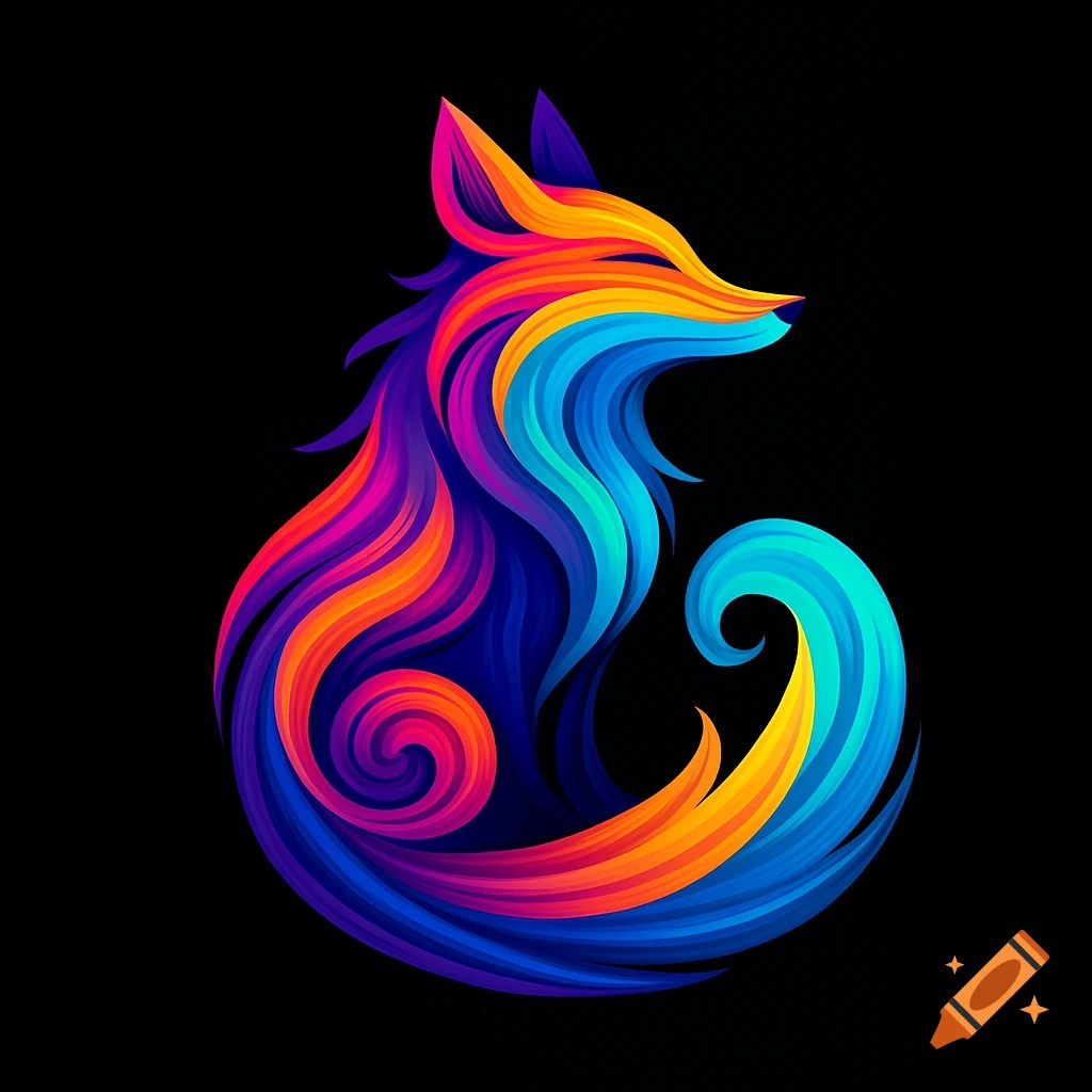 Stylized fox logo rendered in swirling vibrant colors against a black background.