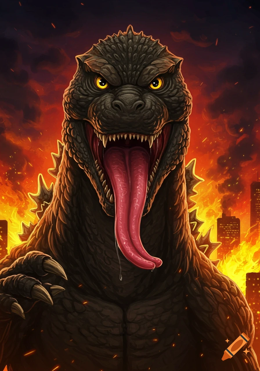 Godzilla with his tongue hanging out, standing in front of burning buildings and fire.