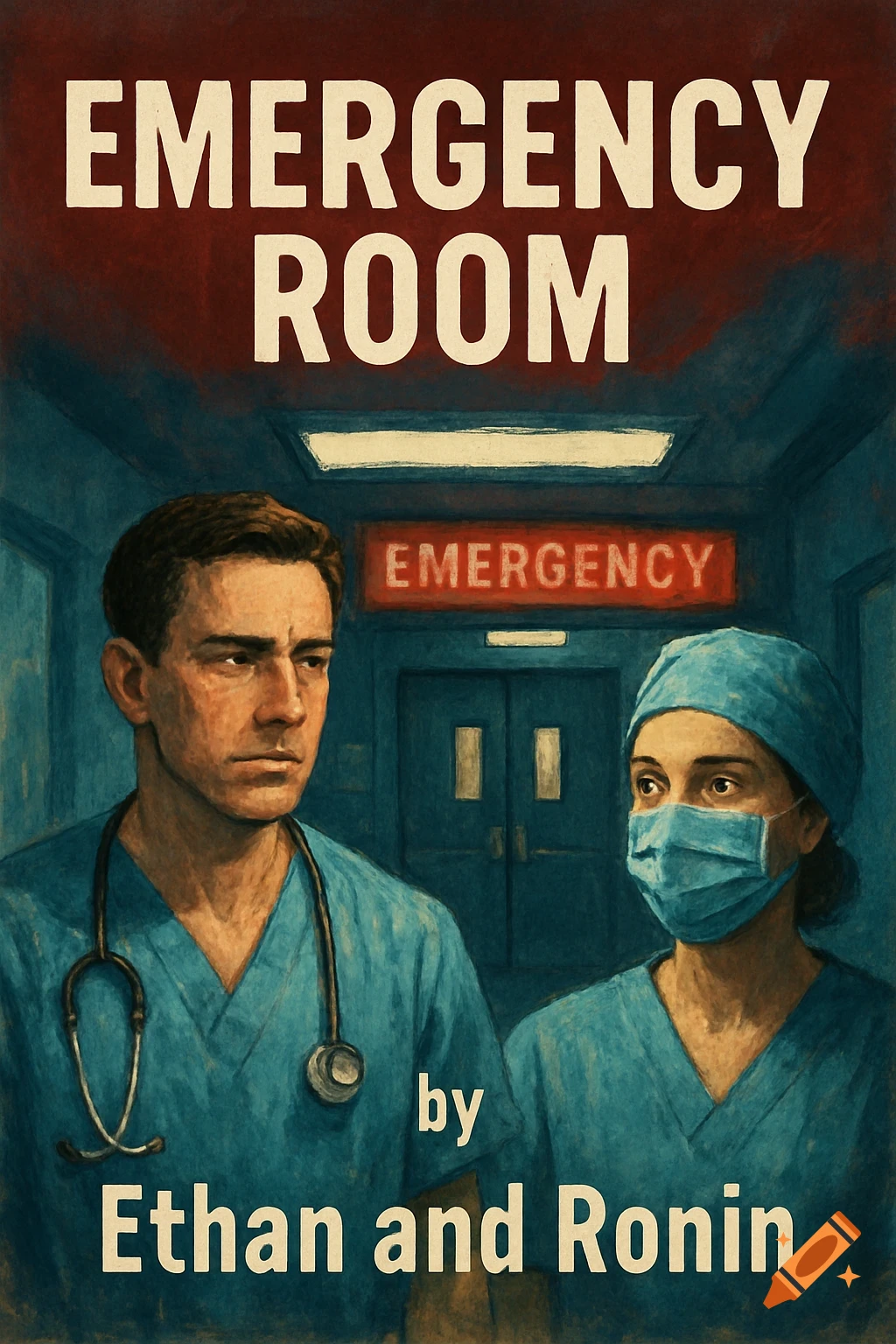 Painterly illustration of two medical professionals in an emergency room with the title "EMERGENCY ROOM" and "by Ethan and Ronin".