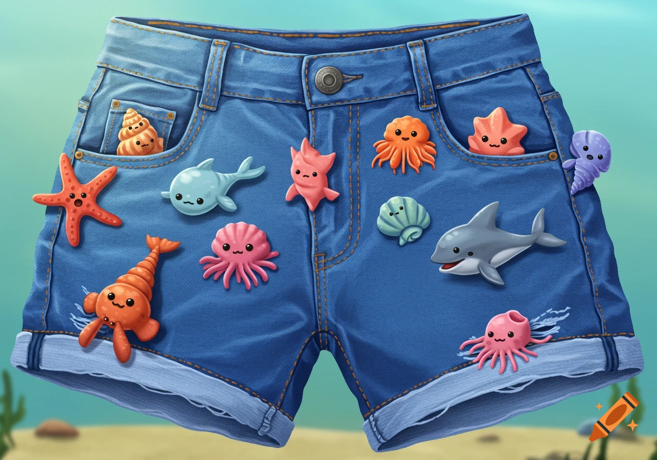 Cartoon sea creatures including octopus, starfish, dolphin, and shell attached to denim shorts underwater.