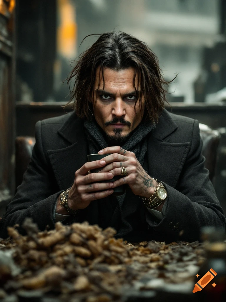 Photorealistic portrait of a man resembling Johnny Depp in a dark coat, holding a cup, with foreground detail.