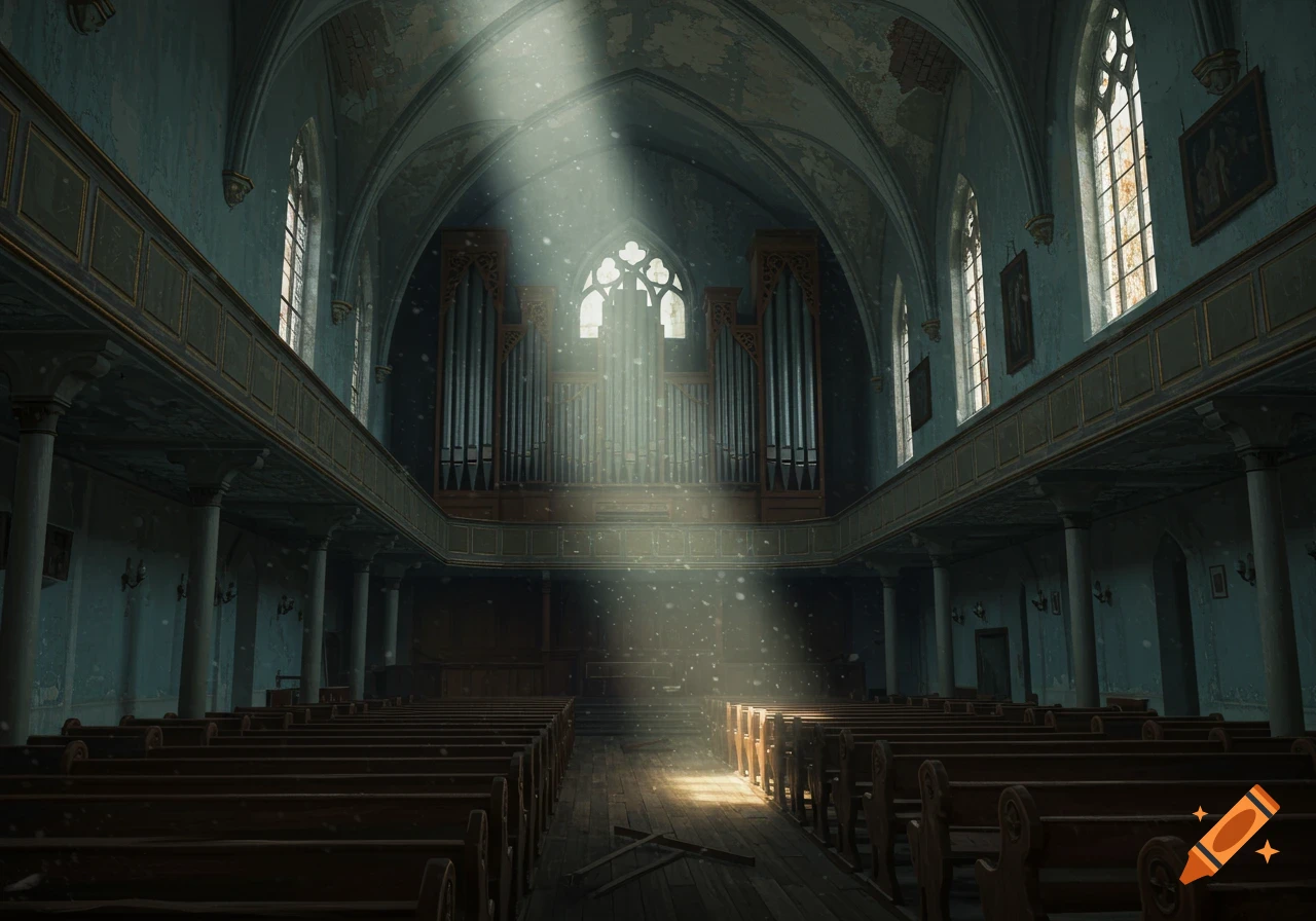 Atmospheric view of an abandoned church auditorium with light rays streaming through windows onto pews and floorboards.