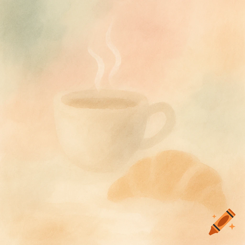 Steaming coffee cup and croissant in a soft, pastel watercolor style.