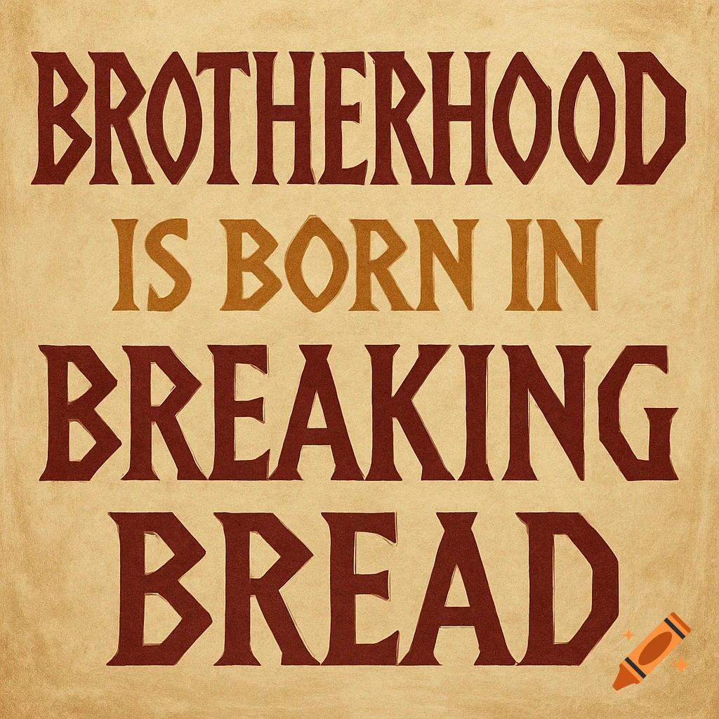 Hand painted sign with text 'Brotherhood is born in breaking bread'