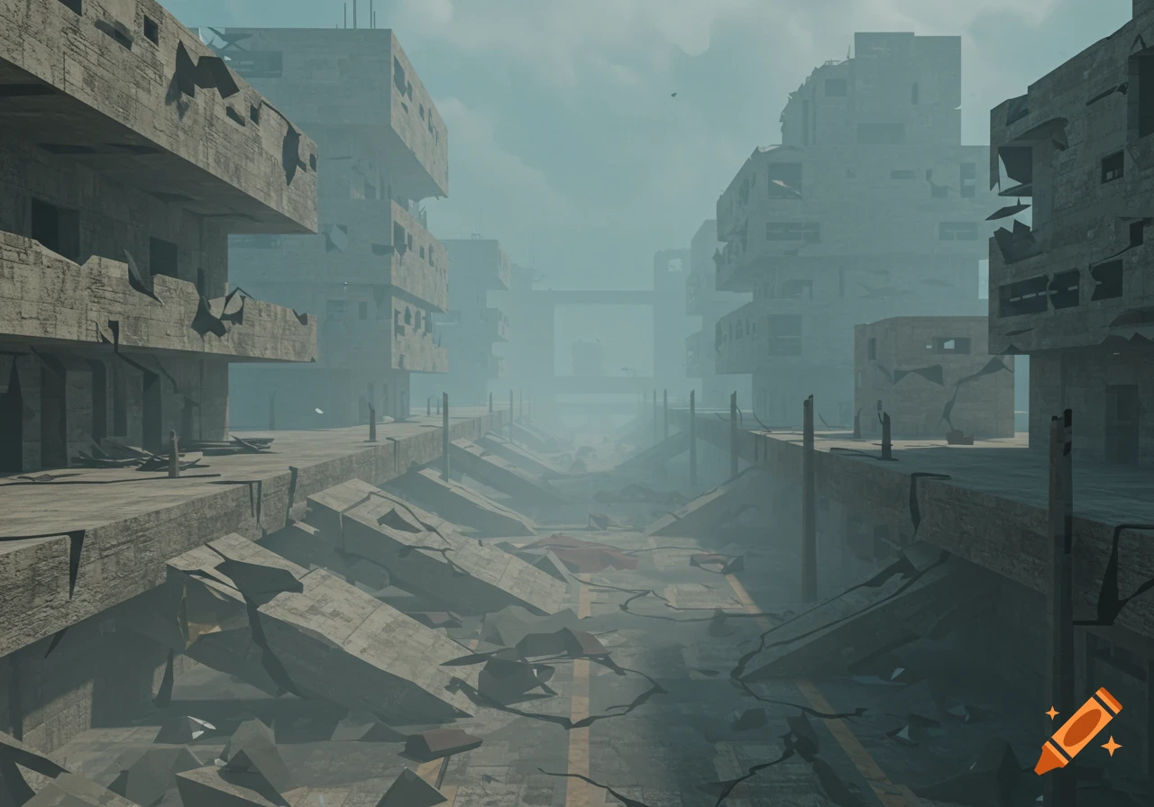 Low poly rendering of a ruined brutalist city street filled with rubble and heavy fog.